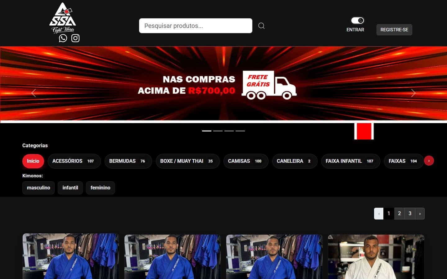 Prévia da página inicial do site SSA Kimonos